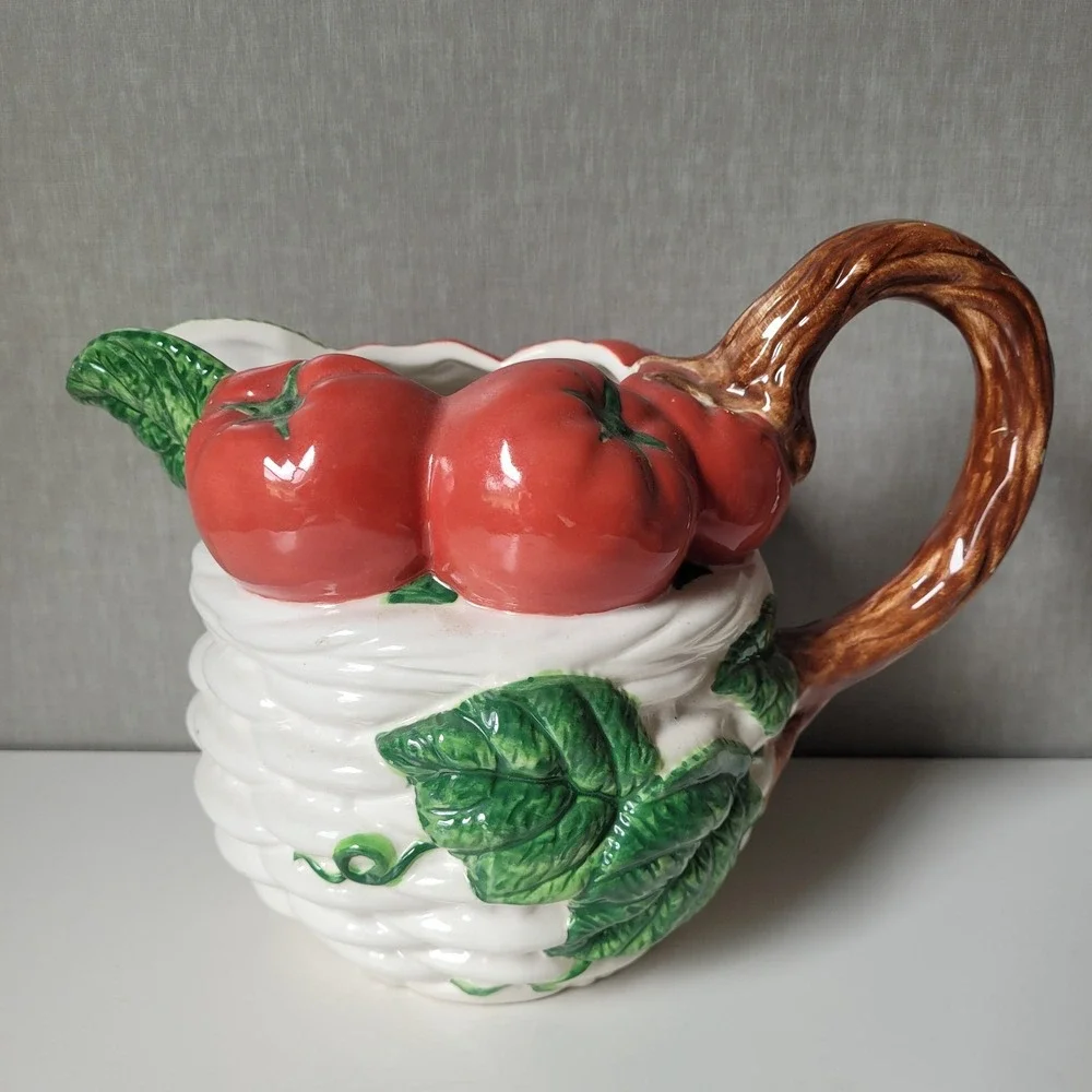 Vintage 1992 Fitzgerald & Floyd Ceramic Tomato Basket Pitcher 1 1/2 Qt | As-Is